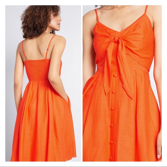 NWT Modcloth Swingin' Summer Sundress Tangerine Orange Size XS Tie Front - Picture 2 of 3